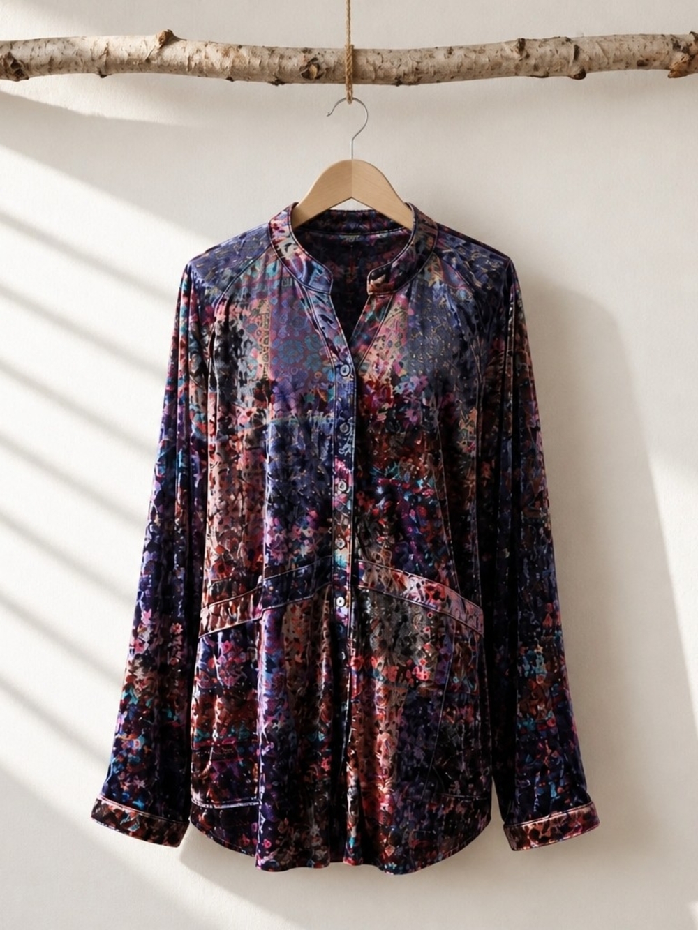 NATURAL LIFE Velvet Button-Front Tunic in Purple and Pink Floral